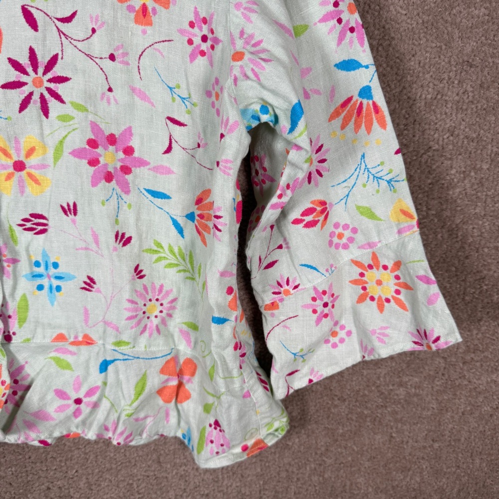 Habitat Button Front Top Womens Small Green Floral Linen 3/4 Sleeve Lagenlook - Picture 2 of 10